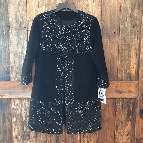 Carlos Falchi M NWT Heavy Black Textured Designer Leather Suede Punchout Coat - Picture 2 of 9